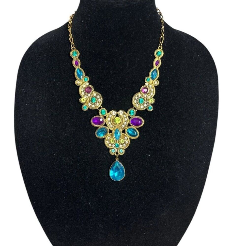 Jewel Tone Statement Bib Necklace Gold Tone Teardrop Pendant Multicolor